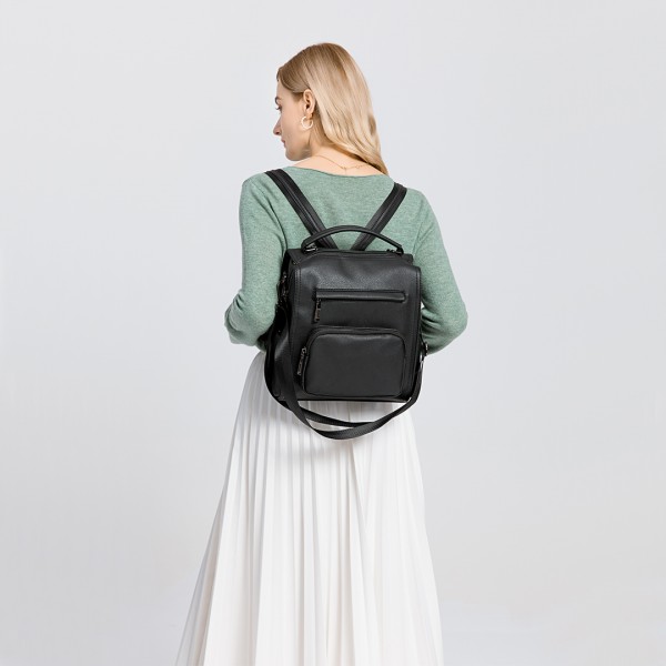 LB1967 - Miss Lulu Leather Look Multi-way Backpack Shoulder Bag - Black